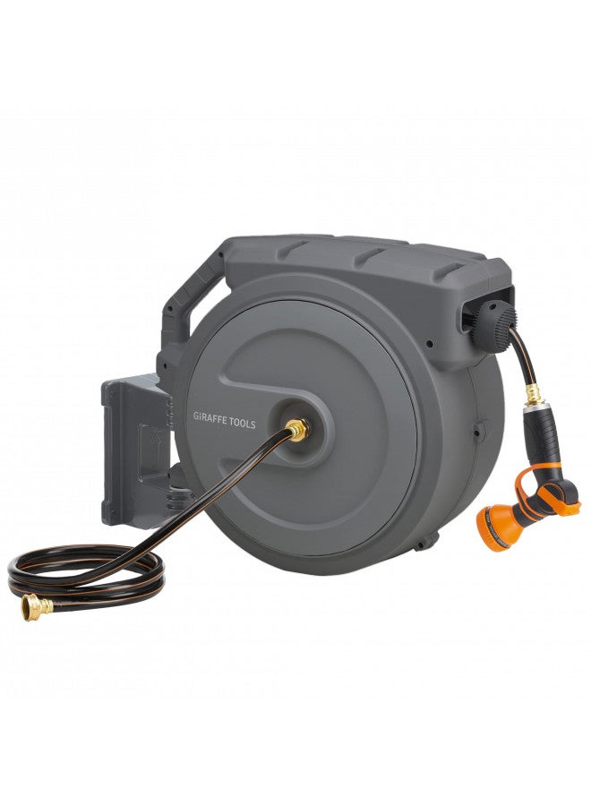 Giraffe Tools Giraffe Tools Metal Retractable Hose Reel 130FT Wall Mounted Heavy Duty Hose Reel with 9 Pattern Nozzle 180 Deg Swivel, Metal Bracket Any Length Lock (1/2 130FT PRO, Dark Grey)  - Image 1