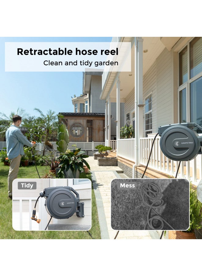 Giraffe Tools Giraffe Tools Metal Retractable Hose Reel 130FT Wall Mounted Heavy Duty Hose Reel with 9 Pattern Nozzle 180 Deg Swivel, Metal Bracket Any Length Lock (1/2 130FT PRO, Dark Grey)  - Image 2