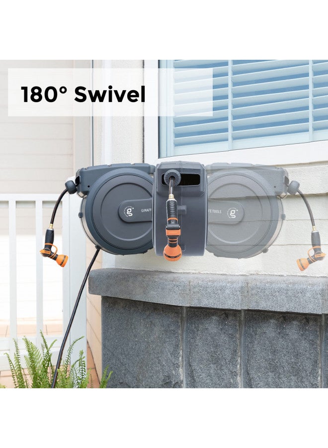 Giraffe Tools Giraffe Tools Metal Retractable Hose Reel 130FT Wall Mounted Heavy Duty Hose Reel with 9 Pattern Nozzle 180 Deg Swivel, Metal Bracket Any Length Lock (1/2 130FT PRO, Dark Grey)  - Image 4