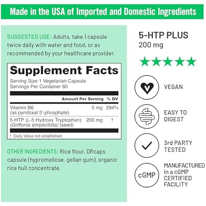 NatureWise 5-HTP 200mg Supplement from Griffonia Seeds with Cofactor Vitamin B6 - Mood Support and Natural Sleep Aid for Adults - Delayed-Release, Vegan - 60 Count[2-Month Supply] - Image 4