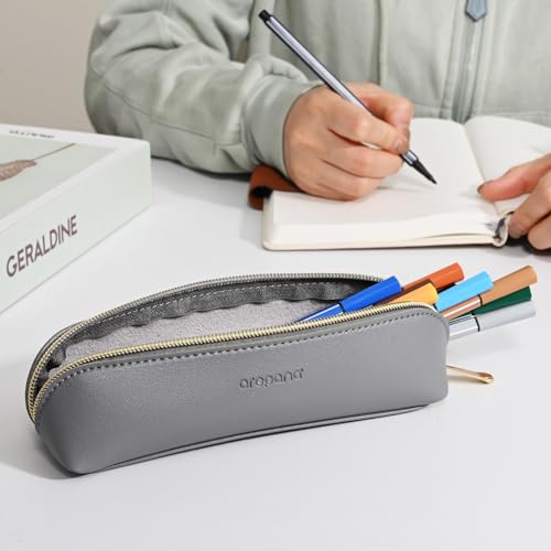 AROPANA Vegan Leather Pencil Case & Organizer - Portable Premium Zipper Pouch for School, Office, and Travel - Multi-Use Organizer for Stationery|Cosmetic|Makeup Brushes-21cm x 5cm - Grey - Image 2