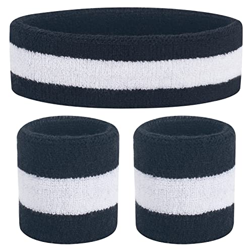 ONUPGO Kids Sweatbands Headband Wristband Set - Athletic Cotton Sweat Band for Sports (1 Headband + 2 Wristbands) (Black/White/Black) - Image 1