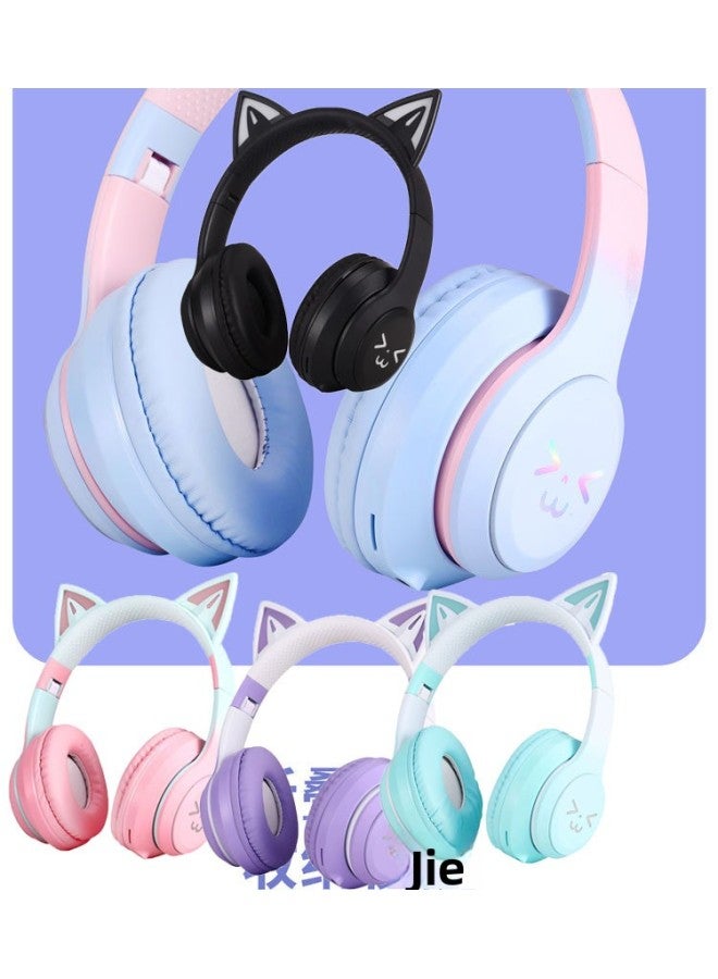 Cross-Border New 618 Bluetooth Headset Super Long Battery Life Gradient Color Luminous Cat Ear Head-Mounted Wireless Headset 