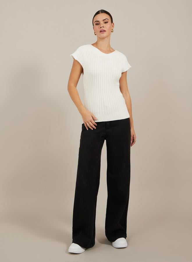 Styli Ribbed V Neck Knit Top with Cap Sleeves - Image 2