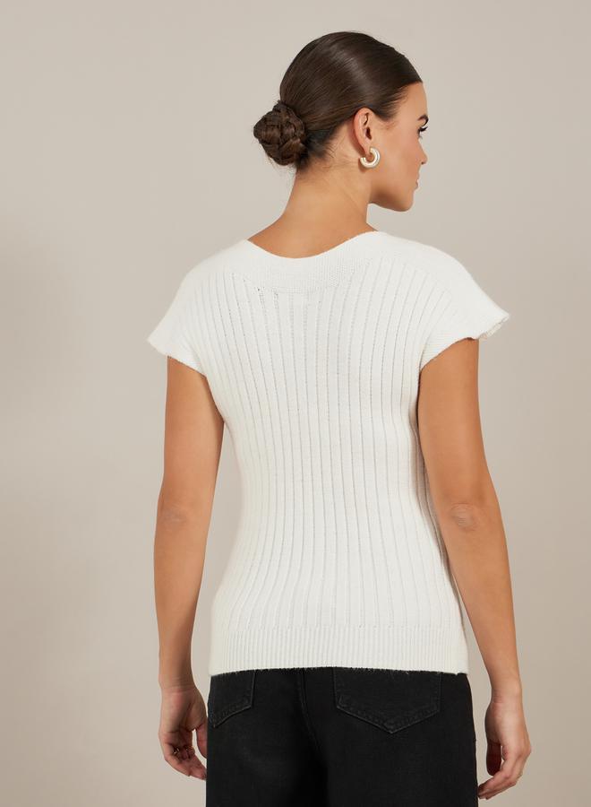 Styli Ribbed V Neck Knit Top with Cap Sleeves - Image 5