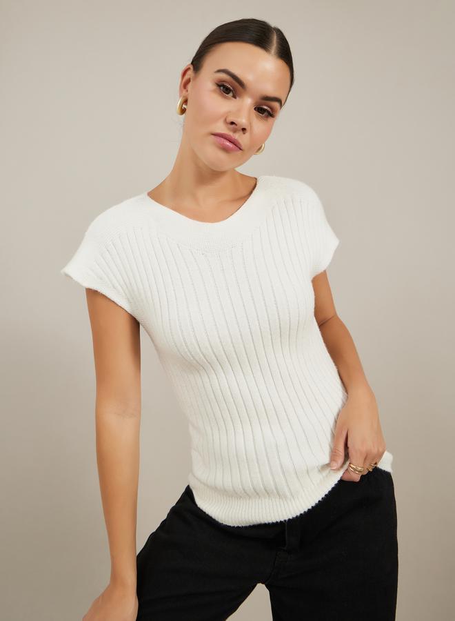 Styli Ribbed V Neck Knit Top with Cap Sleeves - Image 3