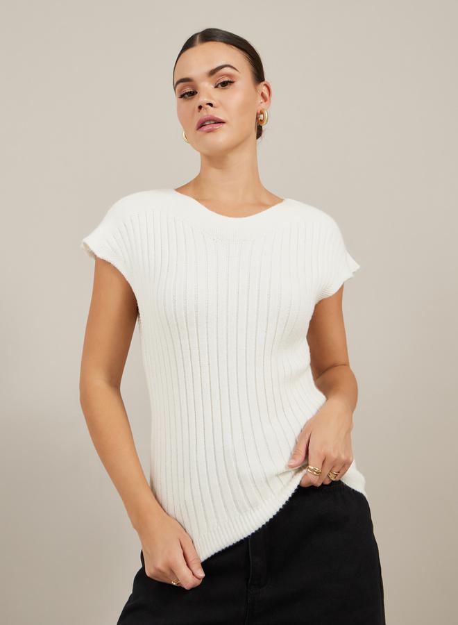 Styli Ribbed V Neck Knit Top with Cap Sleeves - Image 1