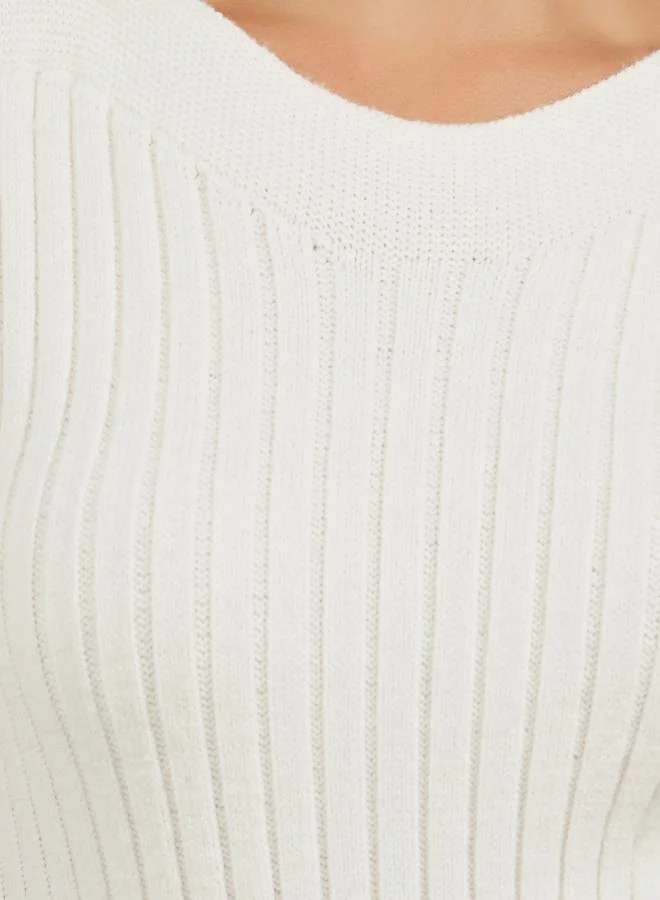 Styli Ribbed V Neck Knit Top with Cap Sleeves