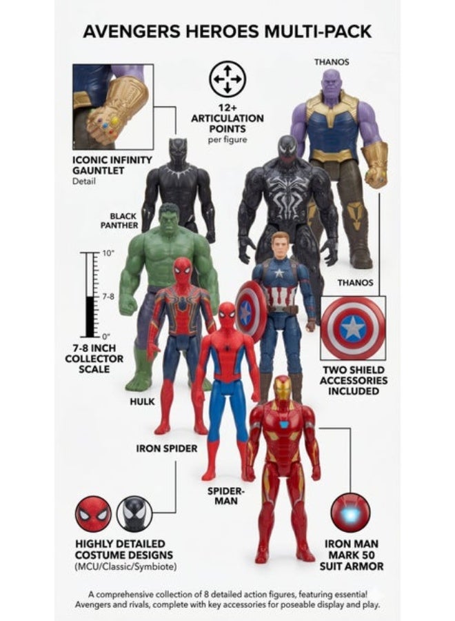 AVENGERS 8-Piece Superhero Action Hero Set( Original American Version)– 17cm Titan Hero Series Articulated Figures includes Iron Man, Hulk, Spider-Man, Captain America, Venom, Thanos & Black Panther – Light-Up Interactive Hero Toys | Best Birthday & Christmas Gift for Boys & Kids - Image 2