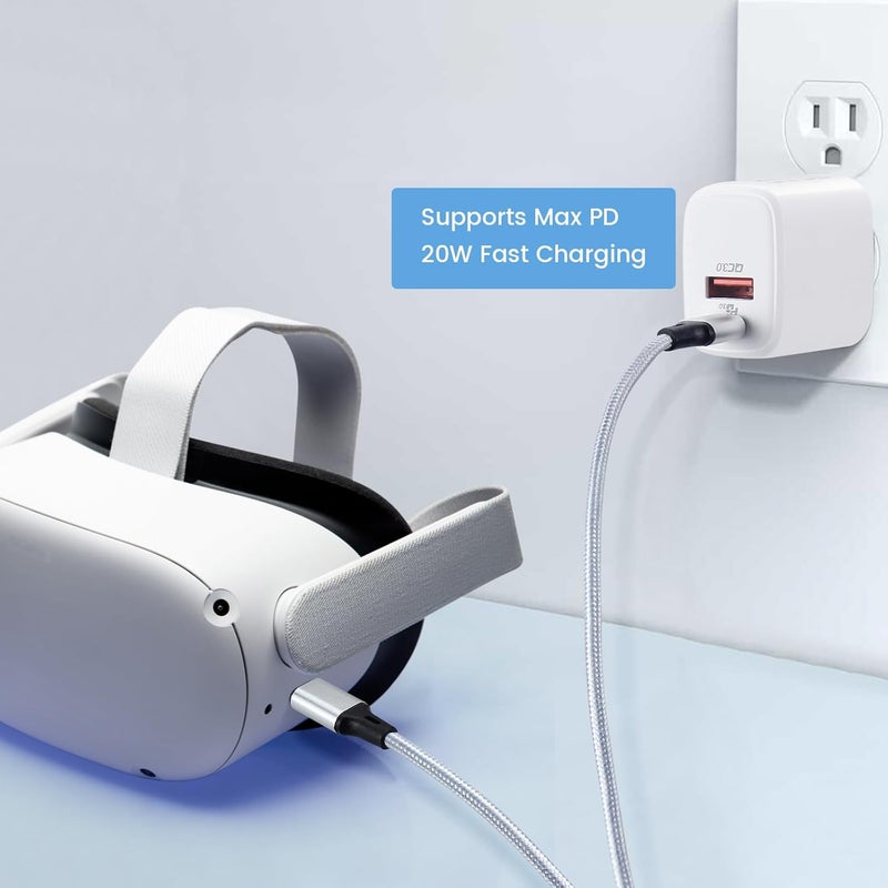 weishan شاحن سريع USB C بقوة 20 واط متوافق مع Meta Quest 3 3S، محول USB مزدوج المنفذ مع كابل شحن C إلى C بطول 66 قدم لجهاز Oculus Quest 2. - Image 2