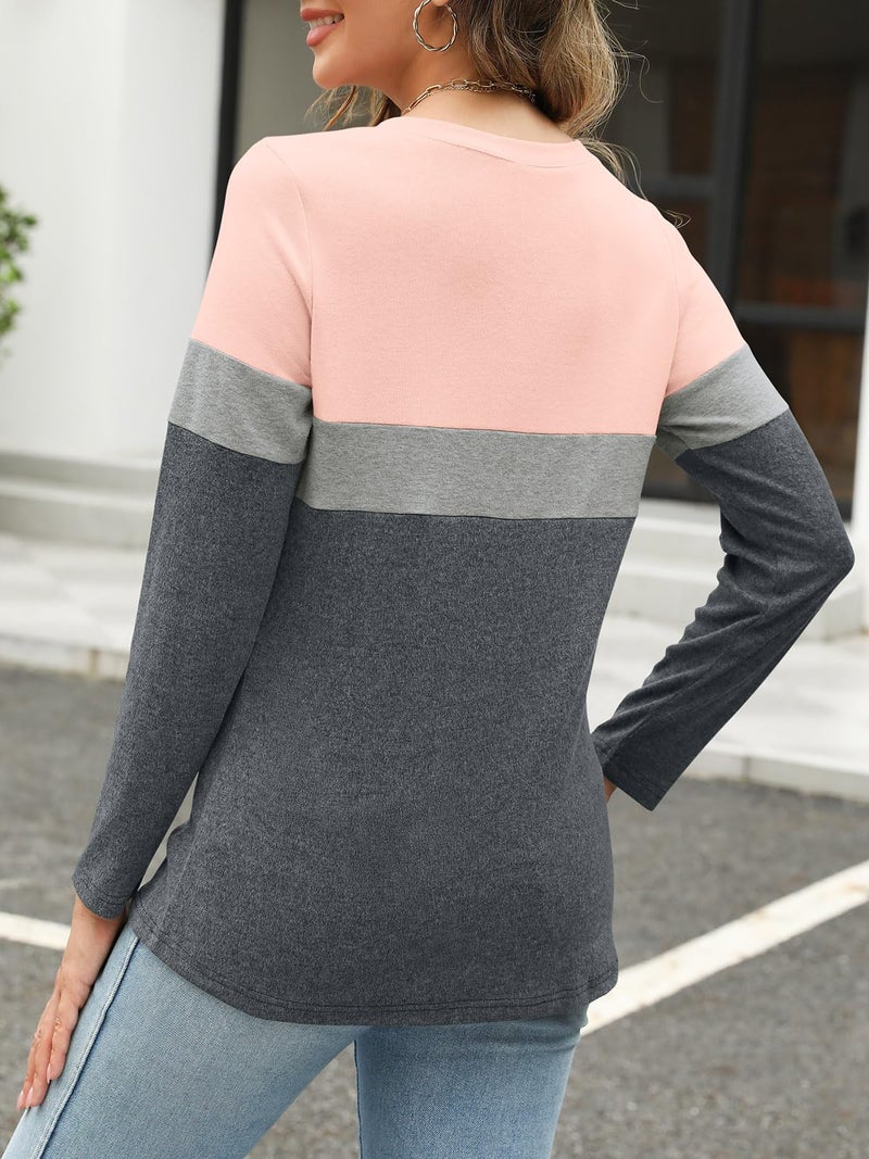 TICTICMISS Women's Long Sleeve Shirts Zipper Color Block V Neck Tunic Tops Casual Blouse - Image 5
