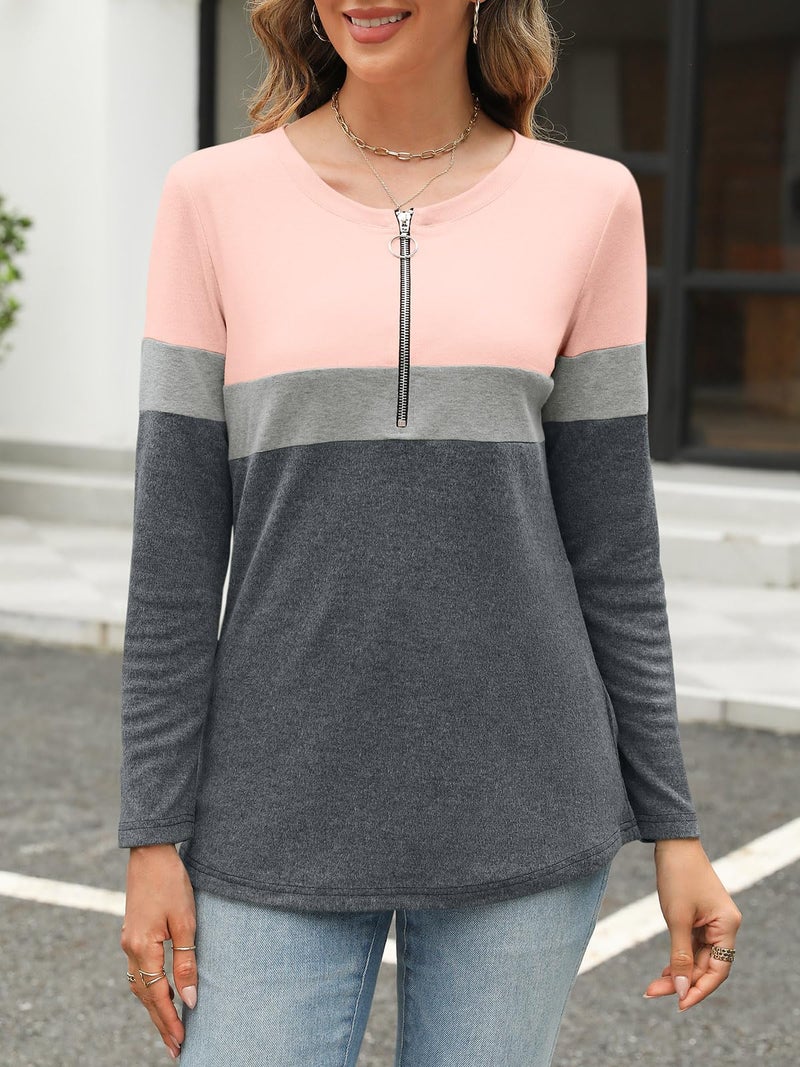 TICTICMISS Women's Long Sleeve Shirts Zipper Color Block V Neck Tunic Tops Casual Blouse - Image 2
