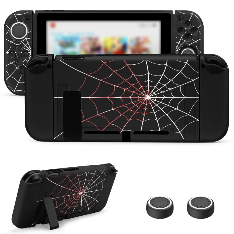JINGDU Protective Compatible with Nintendo Switch 2017, TPU Case Accessory for Switch Console and Grip Joy-Con, Switch Protector with 4 Thumb Grips, Black Spider Web - Image 1