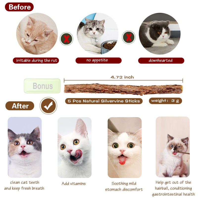 Plant Castle Natural Wood Cat Wand Toy with Ribbon Fish Teaser - 3pcs, 16 Inch, Indoor Cat Exerciser & Playing Kitten Toy, Bonus 5pcs Catnip Sticks for Teeth Cleaning - Image 3