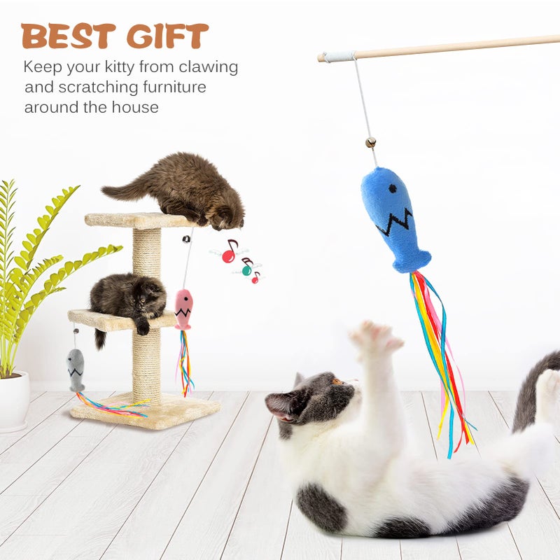 Plant Castle Natural Wood Cat Wand Toy with Ribbon Fish Teaser - 3pcs, 16 Inch, Indoor Cat Exerciser & Playing Kitten Toy, Bonus 5pcs Catnip Sticks for Teeth Cleaning - Image 5
