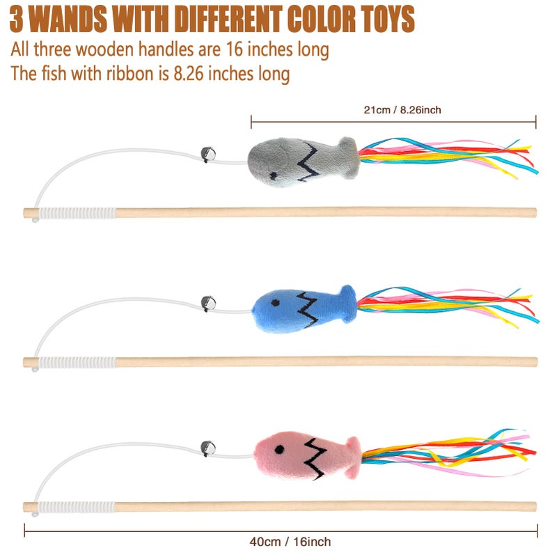 Plant Castle Natural Wood Cat Wand Toy with Ribbon Fish Teaser - 3pcs, 16 Inch, Indoor Cat Exerciser & Playing Kitten Toy, Bonus 5pcs Catnip Sticks for Teeth Cleaning - Image 2