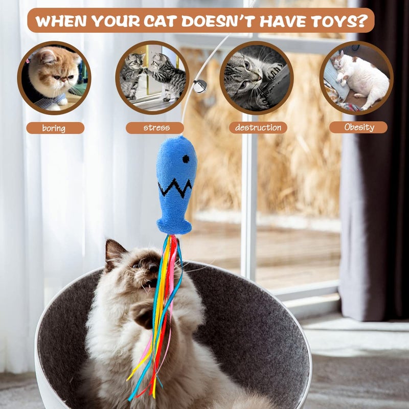 Plant Castle Natural Wood Cat Wand Toy with Ribbon Fish Teaser - 3pcs, 16 Inch, Indoor Cat Exerciser & Playing Kitten Toy, Bonus 5pcs Catnip Sticks for Teeth Cleaning - Image 4