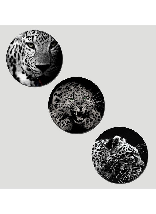 KARTIK kartik Round Leopard Print Wall Paintings for Living Room with Wooden Frame and Without Glass - Set of 3  - Image 1