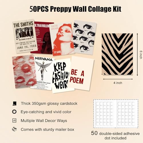 KBKBART ديكور غرفة الفتاة في وسط المدينة 50 قطعة، فنون الحائط Y2k لغرفة النوم، مجموعة تجميع جدران Coquette لجمالية الغرفة، مجموعة تجميع صور Vintage بحجم 4"x6"، ملصقات Retro Rockstar لديكور السكن الجامعي - Image 2