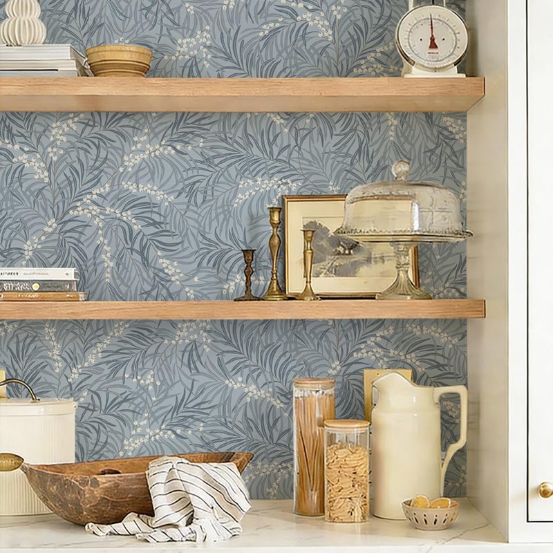Ismoon Vintage Wallpaper Peel and Stick Dusty Blue Botanical Wallpaper 17.3in x6.56ft Leaf Removable Waterproof Blue/White Contact Paper for Bedroom Kitchen Renter Friendly Wall Decor Vinyl - Image 1