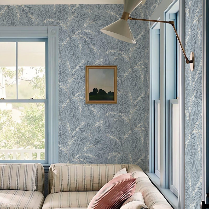 Ismoon Vintage Wallpaper Peel and Stick Dusty Blue Botanical Wallpaper 17.3in x6.56ft Leaf Removable Waterproof Blue/White Contact Paper for Bedroom Kitchen Renter Friendly Wall Decor Vinyl - Image 3