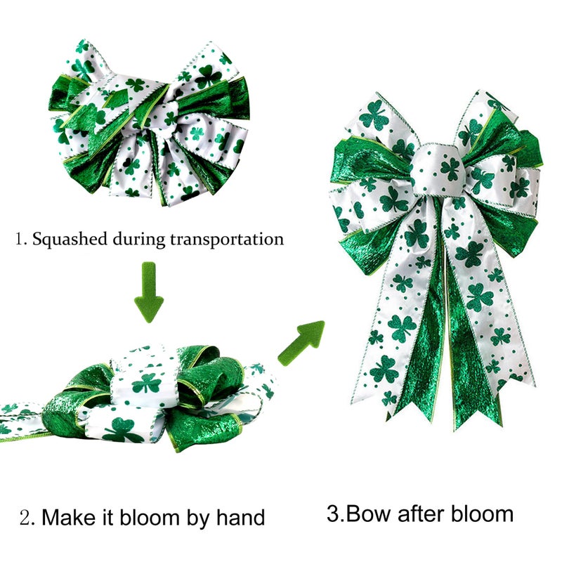 Hongsome St Patricks Day Bow for Wreath Decorations,11.4 * 19.6in Large White Green Glitter Shamrock Bowknot Irish Holiday Crafts Bows for Tree Topper Front Door Outdoor Outside - Image 3