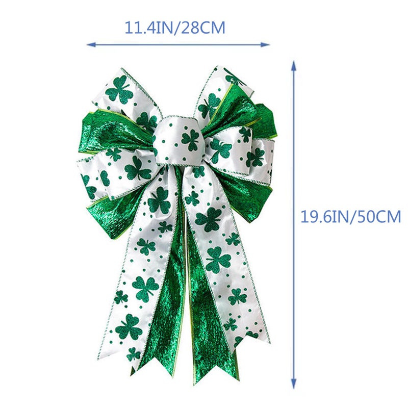 Hongsome St Patricks Day Bow for Wreath Decorations,11.4 * 19.6in Large White Green Glitter Shamrock Bowknot Irish Holiday Crafts Bows for Tree Topper Front Door Outdoor Outside - Image 2