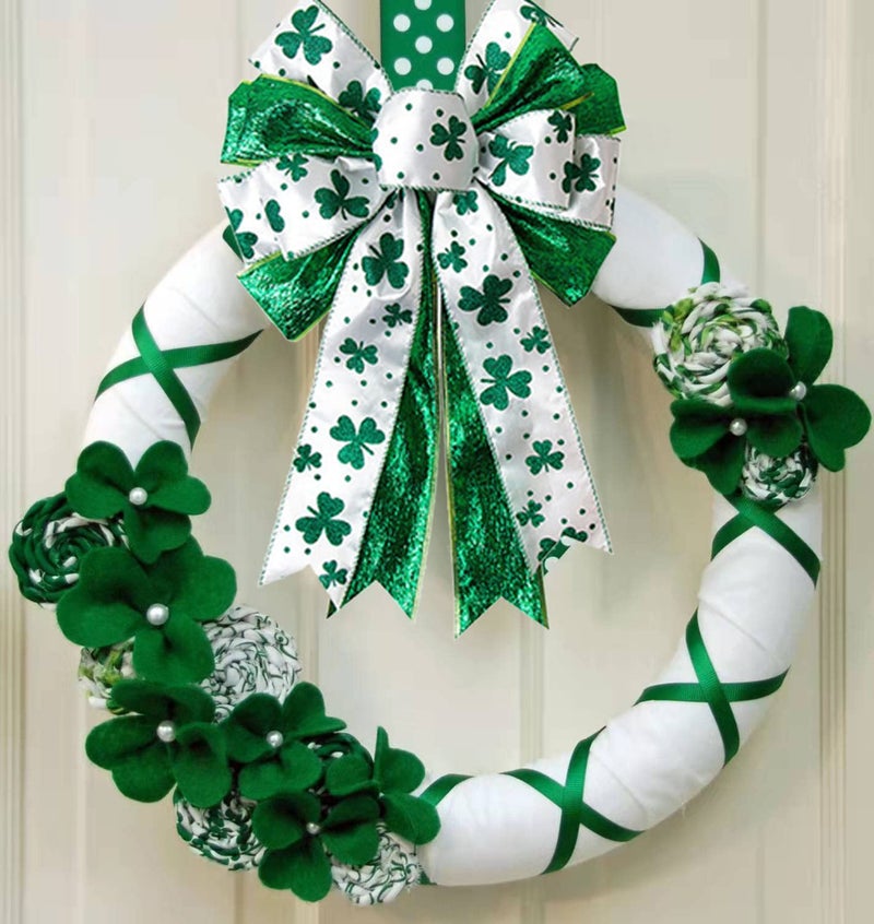 Hongsome St Patricks Day Bow for Wreath Decorations,11.4 * 19.6in Large White Green Glitter Shamrock Bowknot Irish Holiday Crafts Bows for Tree Topper Front Door Outdoor Outside - Image 4