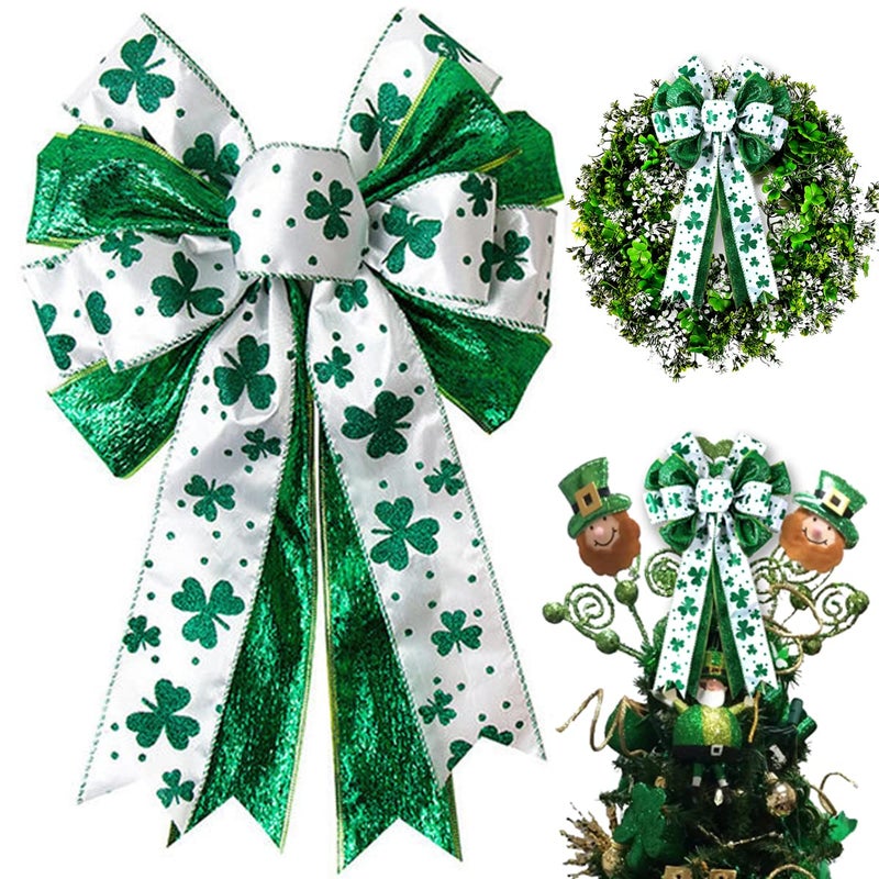 Hongsome St Patricks Day Bow for Wreath Decorations,11.4 * 19.6in Large White Green Glitter Shamrock Bowknot Irish Holiday Crafts Bows for Tree Topper Front Door Outdoor Outside - Image 1