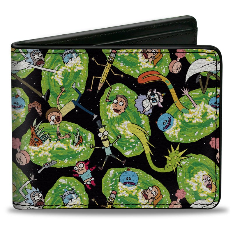 Buckle Down BuckleDown Rick and Morty Wallet Bifold Rick and Morty Portal Multi Character Scattered Black Green Vegan Leather - Image 2