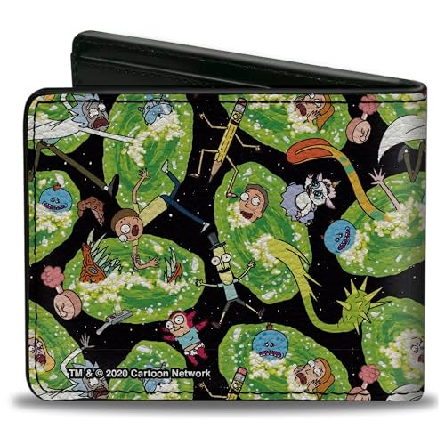 Buckle Down BuckleDown Rick and Morty Wallet Bifold Rick and Morty Portal Multi Character Scattered Black Green Vegan Leather - Image 3