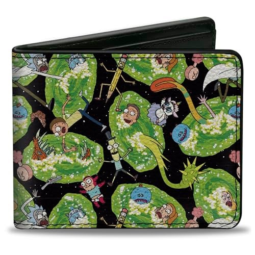 Buckle Down BuckleDown Rick and Morty Wallet Bifold Rick and Morty Portal Multi Character Scattered Black Green Vegan Leather - Image 1
