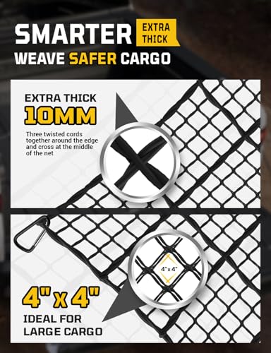 AUTOWN Cargo Net for Pickup Truck Bed - Stretchable 4' x 6' to 8' x 12' with 4" x 4" Mesh, Heavy Duty 10mm Cord Bungee Bed Netting with 12 Metal Carabiners - Ideal for ATV, SUV, UTV and Truck - Image 5