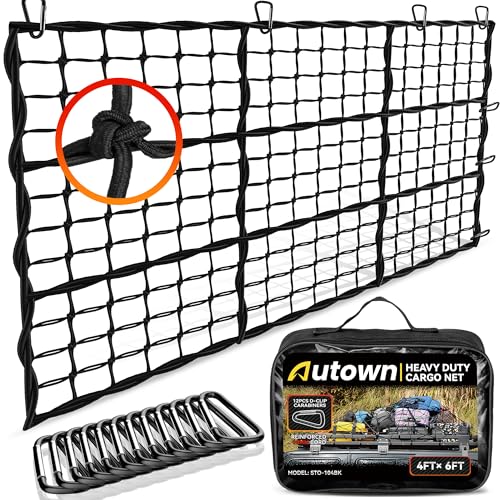 AUTOWN Cargo Net for Pickup Truck Bed - Stretchable 4' x 6' to 8' x 12' with 4" x 4" Mesh, Heavy Duty 10mm Cord Bungee Bed Netting with 12 Metal Carabiners - Ideal for ATV, SUV, UTV and Truck - Image 1