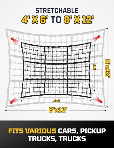 AUTOWN Cargo Net for Pickup Truck Bed - Stretchable 4' x 6' to 8' x 12' with 4" x 4" Mesh, Heavy Duty 10mm Cord Bungee Bed Netting with 12 Metal Carabiners - Ideal for ATV, SUV, UTV and Truck - Image 3