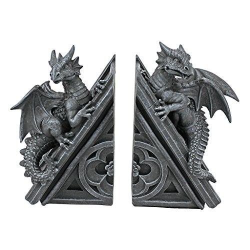 Design Toscano Castle Dragon Gothic Decor Decorative Bookend Statues, 8 Inch, Set of Two, Polyresin, Grey Stone - Image 1