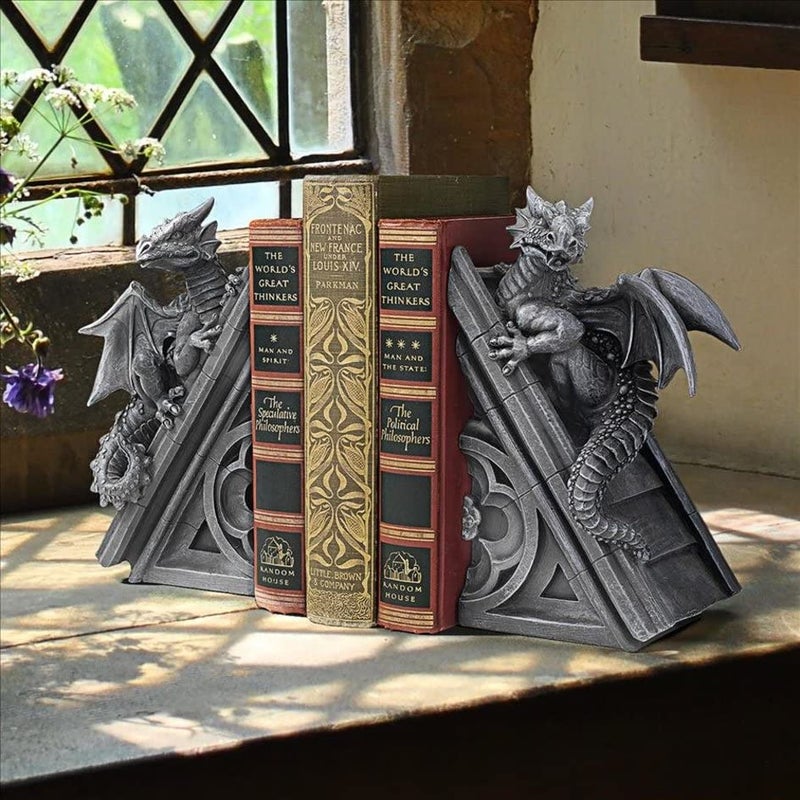 Design Toscano Castle Dragon Gothic Decor Decorative Bookend Statues, 8 Inch, Set of Two, Polyresin, Grey Stone - Image 2