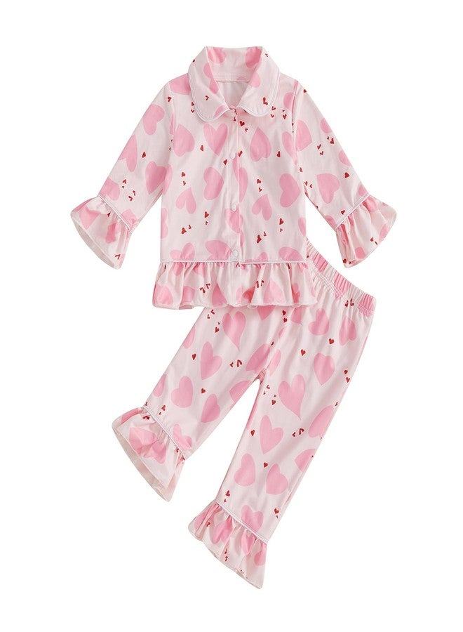 Multitrust Baby Girls Ruffled Cotton Pajamas Set Long Sleeve Button Down Shirts and Flared Pants Matching Pj Sets Sleepwear (Love Pink, 3-4 Years) - Image 1