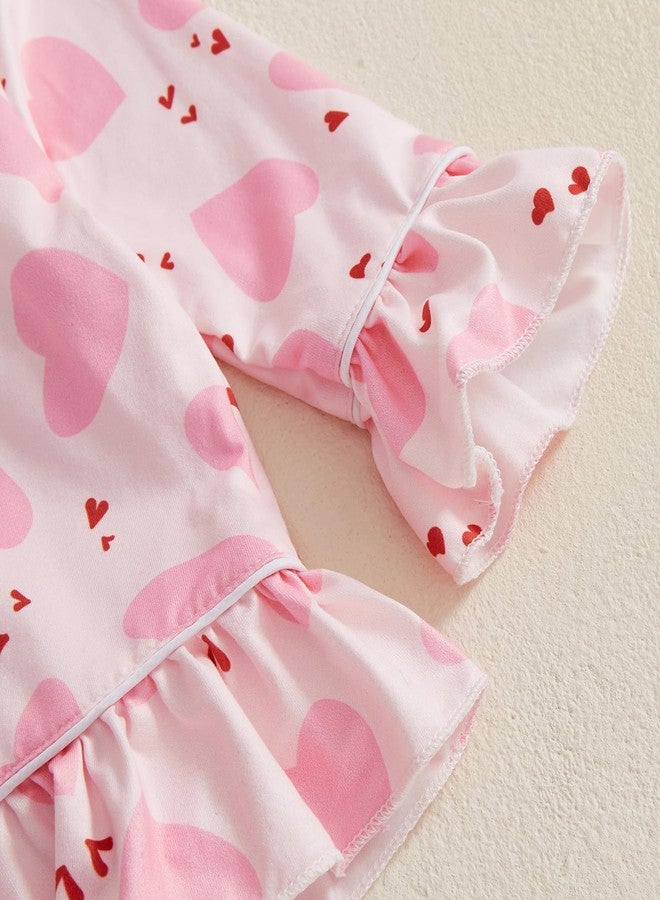 Multitrust Baby Girls Ruffled Cotton Pajamas Set Long Sleeve Button Down Shirts and Flared Pants Matching Pj Sets Sleepwear (Love Pink, 3-4 Years) - Image 2