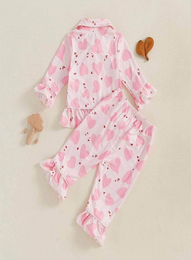 Multitrust Baby Girls Ruffled Cotton Pajamas Set Long Sleeve Button Down Shirts and Flared Pants Matching Pj Sets Sleepwear (Love Pink, 3-4 Years) - Image 4
