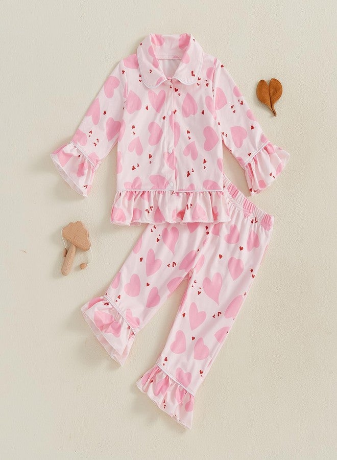 Multitrust Baby Girls Ruffled Cotton Pajamas Set Long Sleeve Button Down Shirts and Flared Pants Matching Pj Sets Sleepwear (Love Pink, 3-4 Years) - Image 3