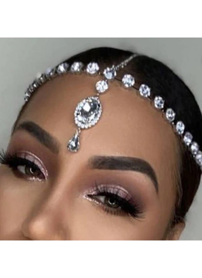 Missgrace - Bridal Women Simple Shining Rhinestone Waterdrop Head Chain Headband Headpiece Boho Tassel Forehead Wedding Prom Praty Halloween Hair Chain Accessories For Women Girls (Silver) - Image 1