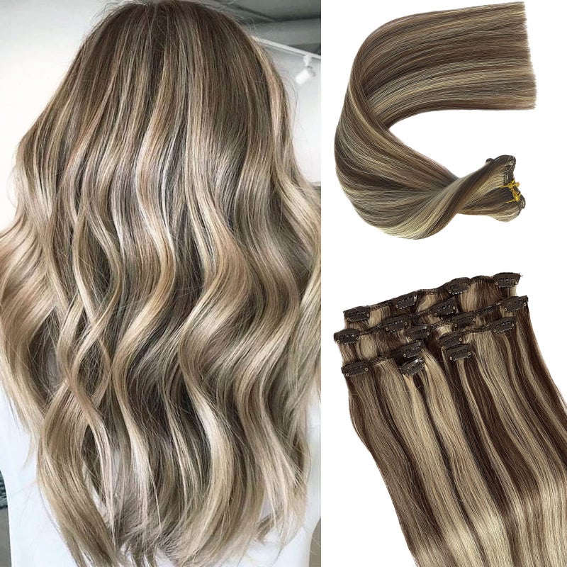 Valiilo Hair Extensions Clip in Brown to Bleach Blonde Balayage Remy Clip in Human Hair Extensions Natural Hair Extensions 18inch 7 Pieces 70 Gram