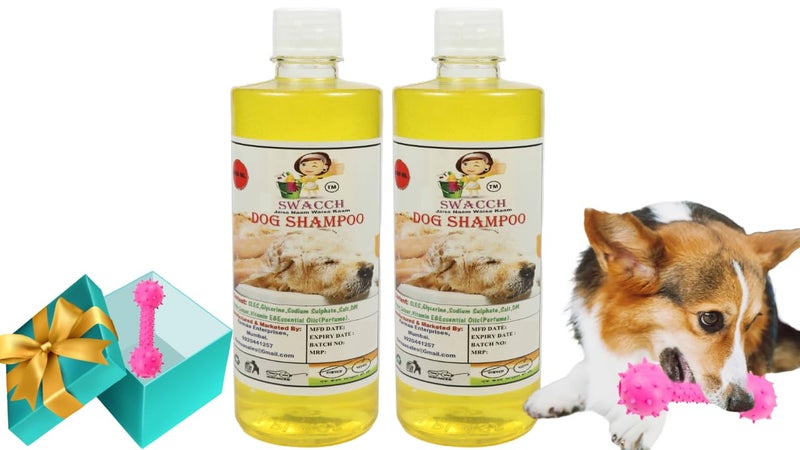 swacch Dog Shampoo + Dumbbell Toy I Durable Rubber Dog Toy for Chewing I Playing, Teeth Cleaning & Training Toy I Combo Pack I 500ml Pack of 2 Lemon - Image 1