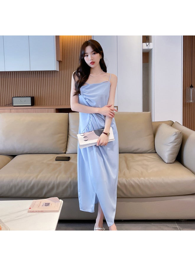 Jeanswest Summer Fashion Design Wrinkle Slimming Loose Viscose Dress Casual Vacation Versatile Slit Strappy Maxi Dress - Image 3
