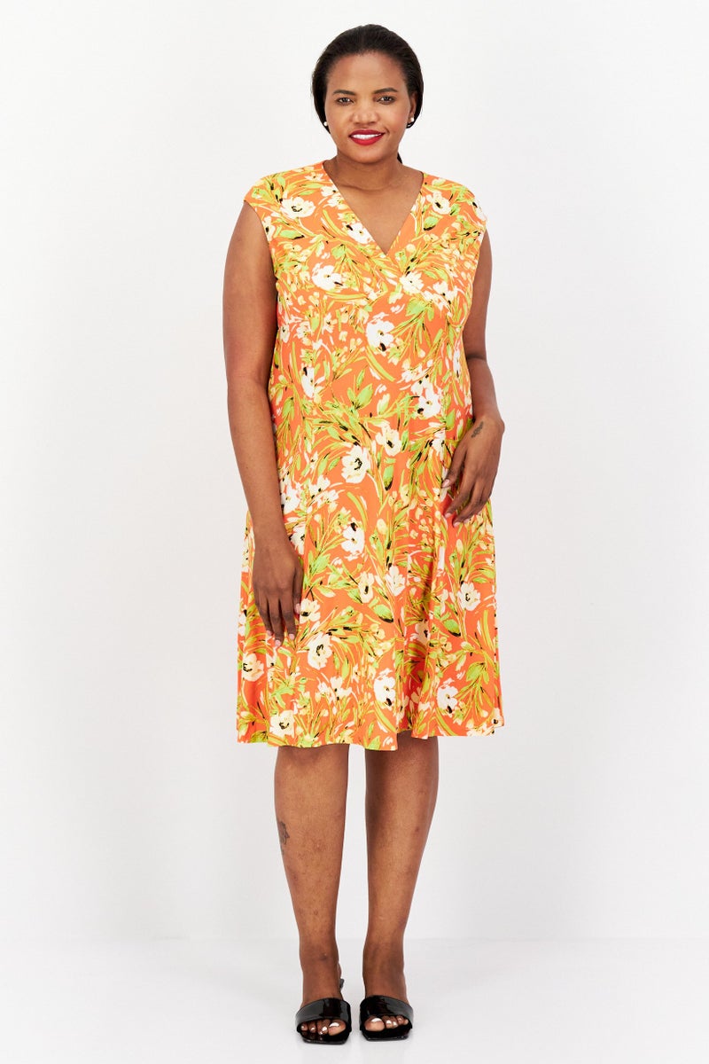 Kasper  Women Plus Size All Over Printed Casual Midi Dress, Orange Combo - Image 1