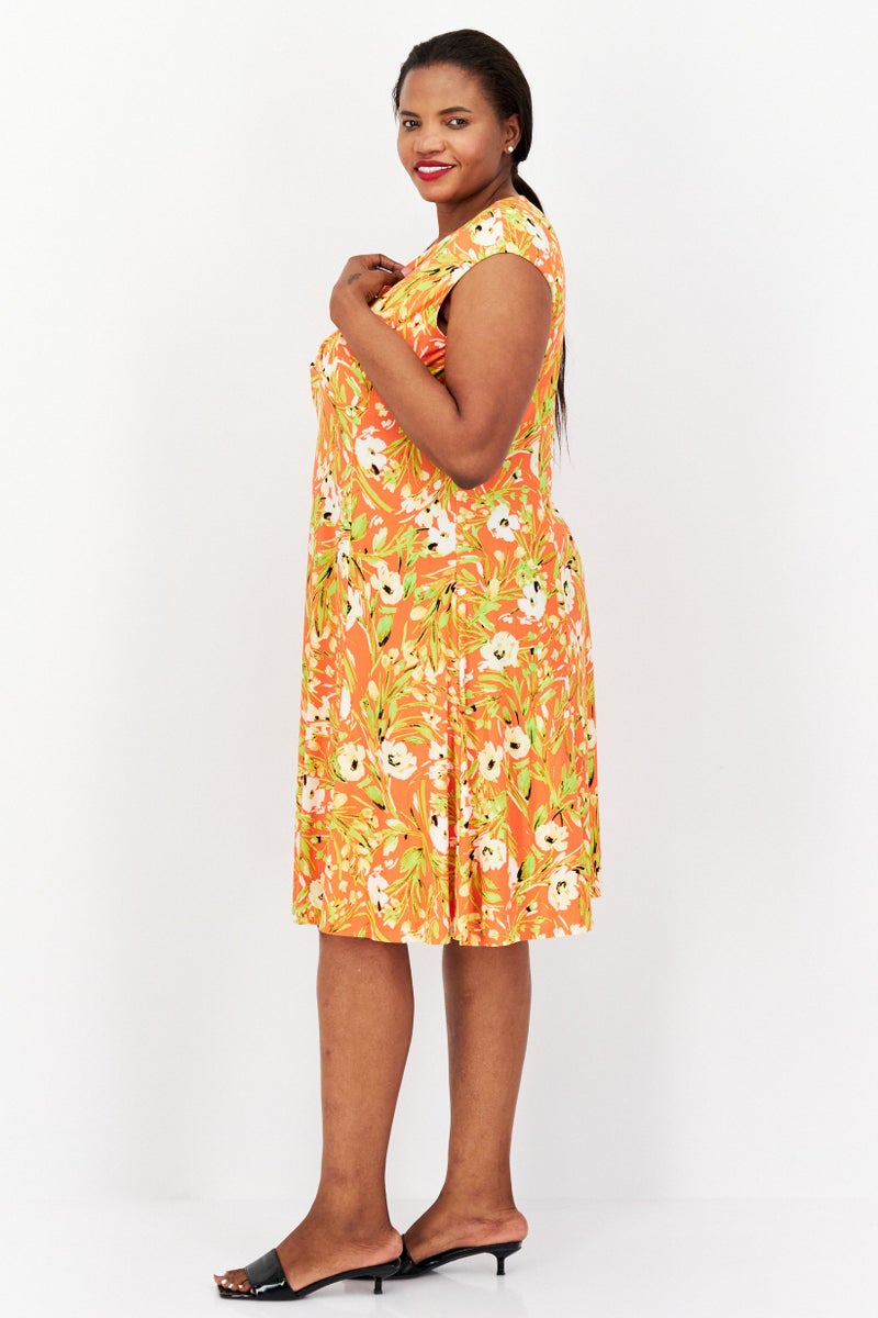 Kasper  Women Plus Size All Over Printed Casual Midi Dress, Orange Combo - Image 2