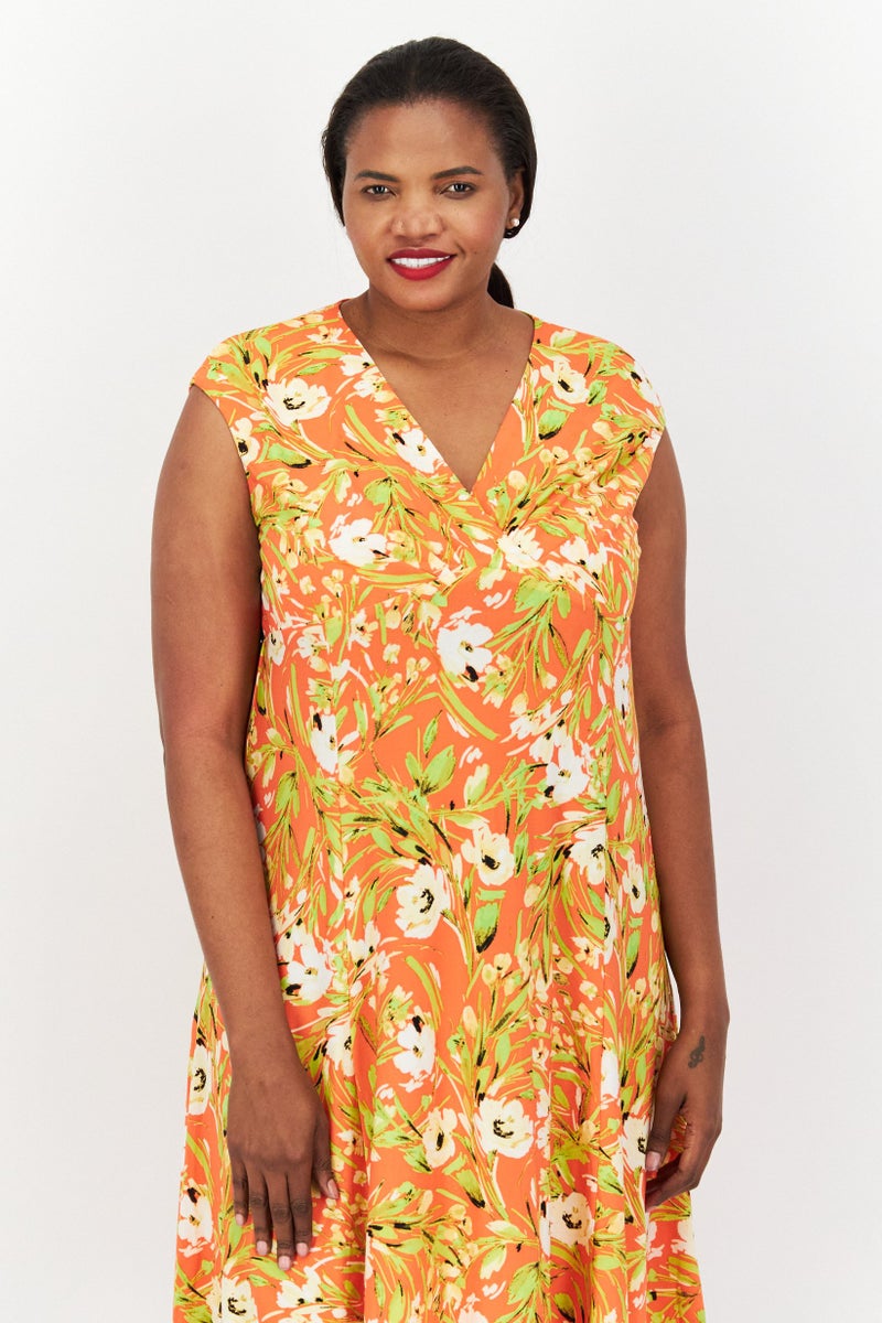 Kasper  Women Plus Size All Over Printed Casual Midi Dress, Orange Combo - Image 4