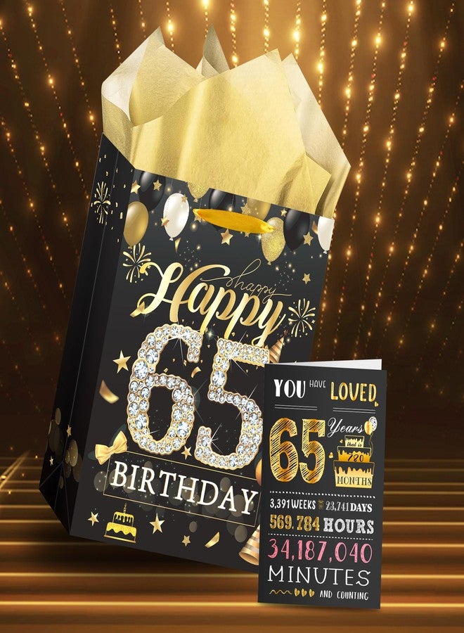EoBeCy 65th Birthday Gift Bag for Men Women, Black Gold Happy 65th Birthday Gift Bags with Handles, Card and Tissue Papers for 65 Year Old Bday Party Favors Gift Wrapping Supplies - Image 2
