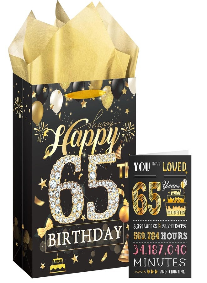 EoBeCy 65th Birthday Gift Bag for Men Women, Black Gold Happy 65th Birthday Gift Bags with Handles, Card and Tissue Papers for 65 Year Old Bday Party Favors Gift Wrapping Supplies - Image 1